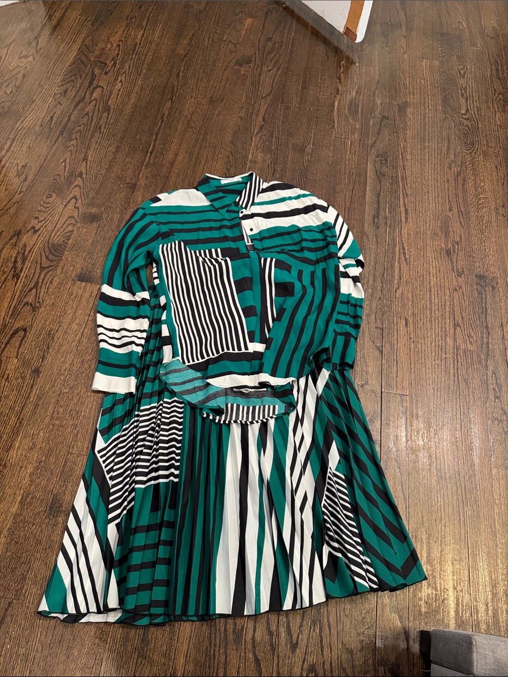 Mango Teal, Black and White Striped Long-Sleeve Pleated Dress